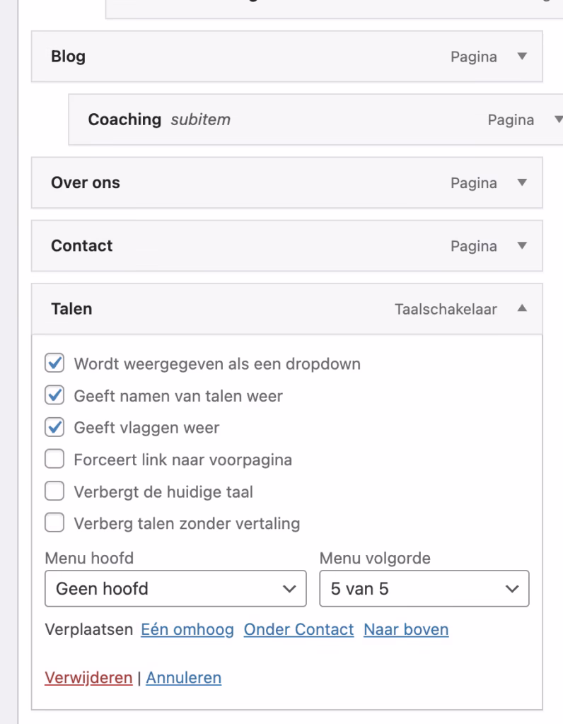 Taalschakelaar instellingen Polylang.