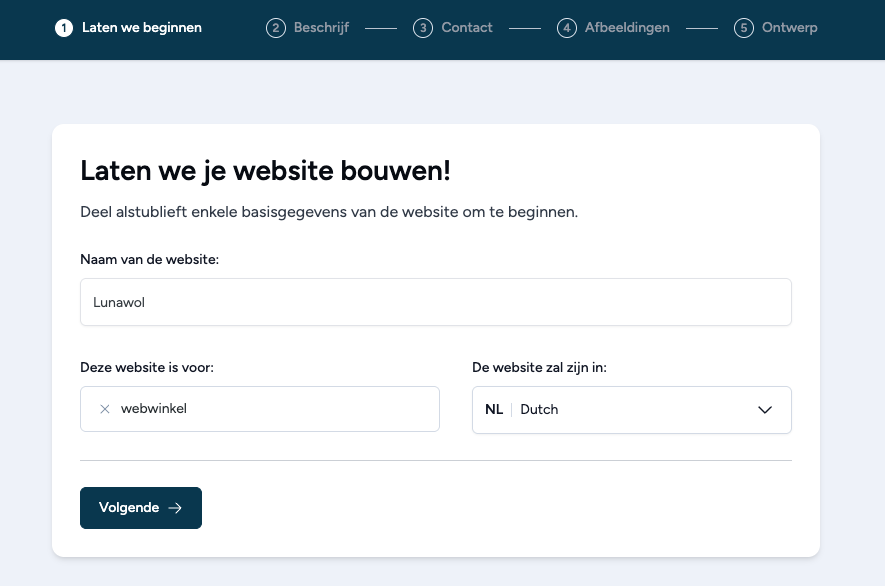 Naam site, type website, taal website via AI bouwer van mijn.host
