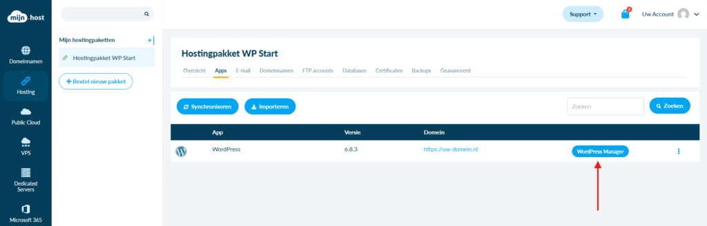 WordPress Manager knop locatie