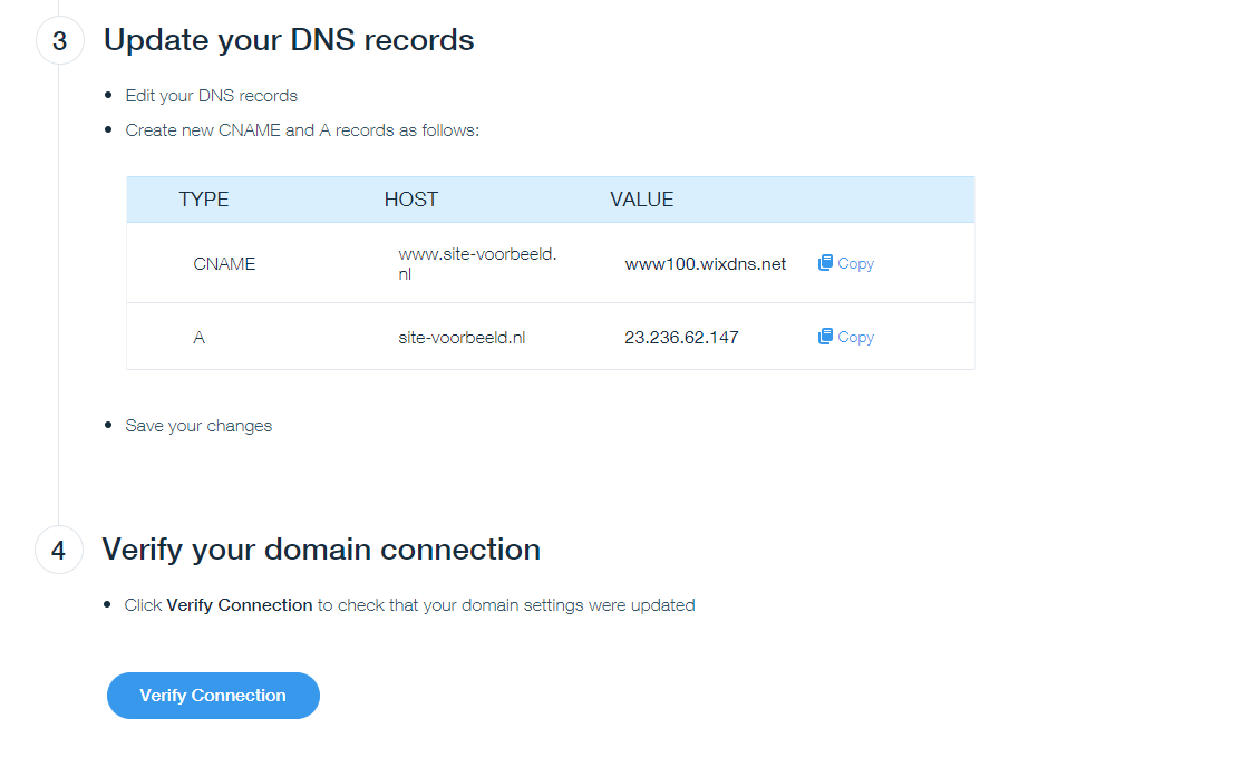 DNS records bij Wix